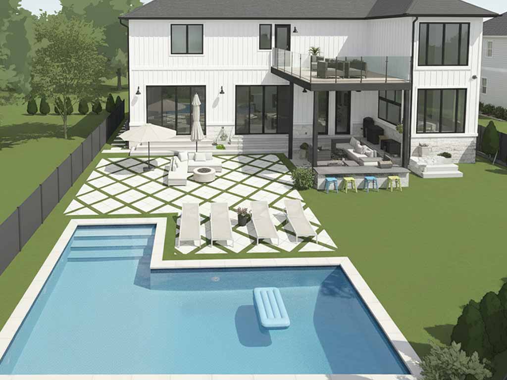Image showing a 3D rendered landscape design and build project featuring a backyard swimming pool, patio and artificial turf installation completed by Greenblock Landscape Design